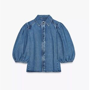 Zara Blue Denim Puff Sleeve Button-Up Blouse